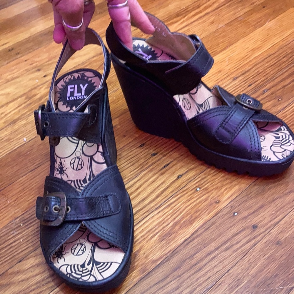 Vintage Fly London wedge sandals with big buckles